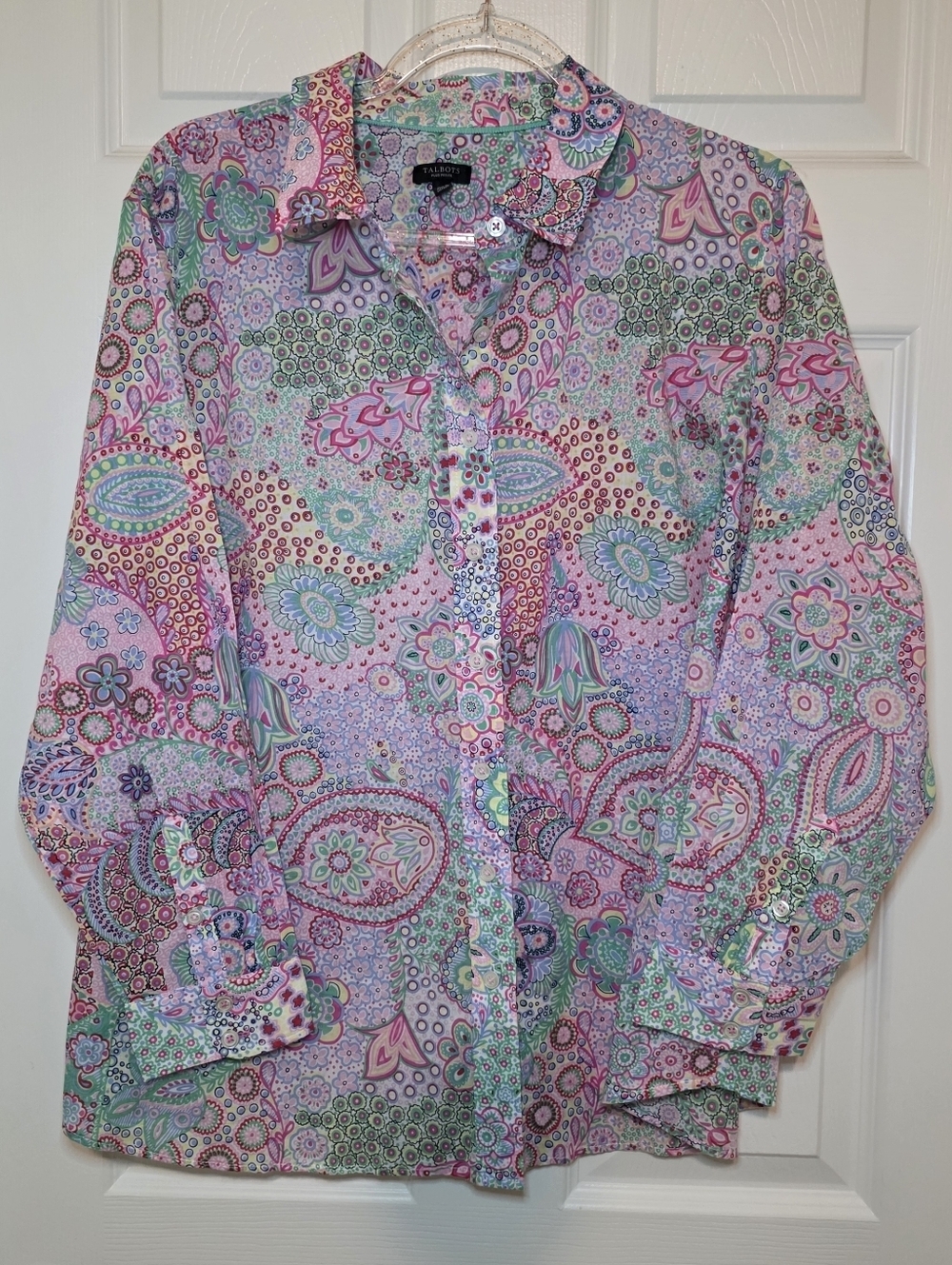 Talbots Top Pink Multi Floral Paisley Button Up Long Sleeve Collar 2XP